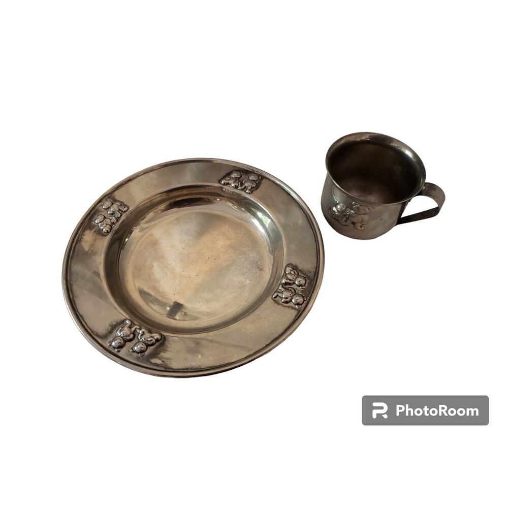Silver Plate Godinger Baby Child Drinking Cup Plate Teddy Bears VTG Hong Kong